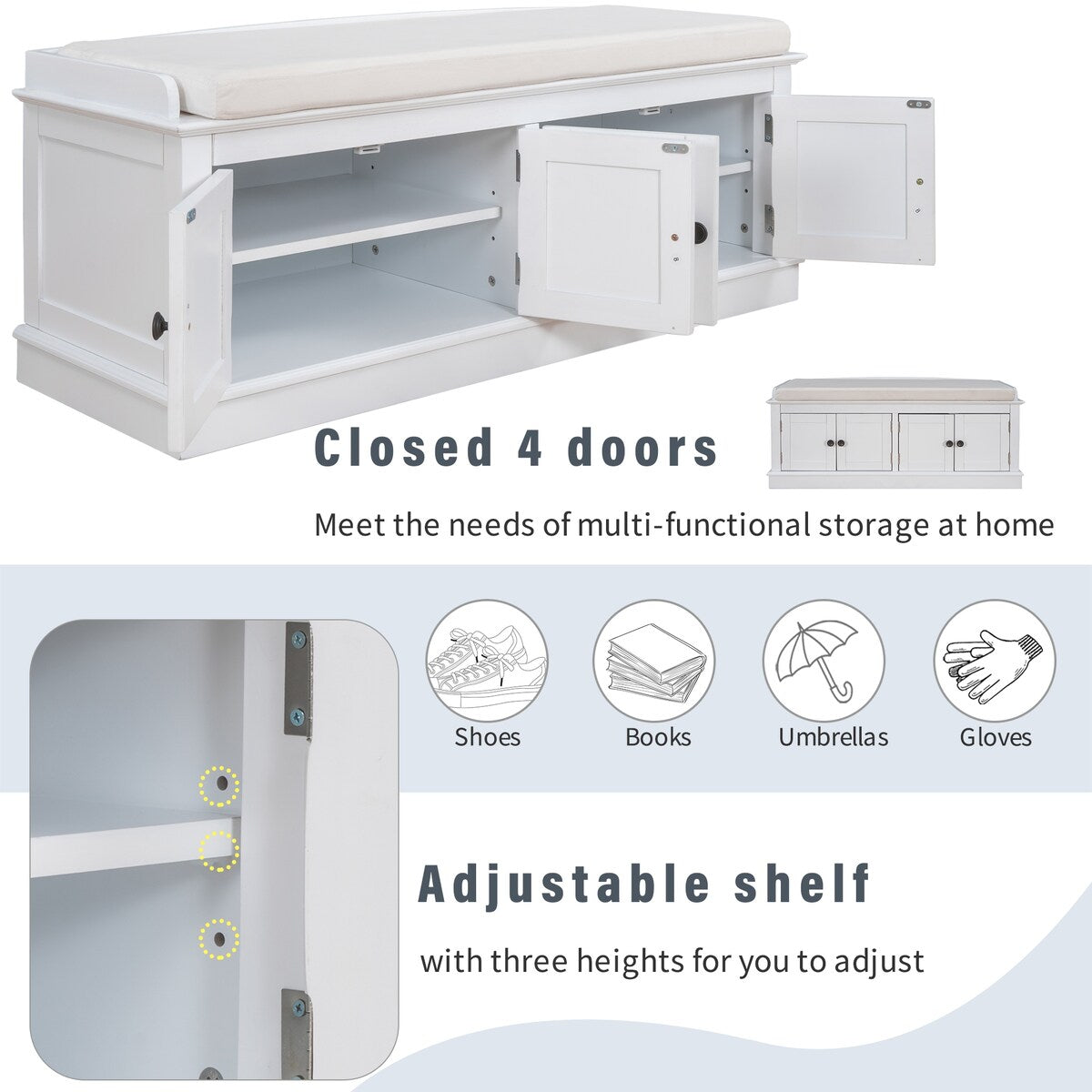 Storage Bench with 4 Doors and Adjustable Shelves