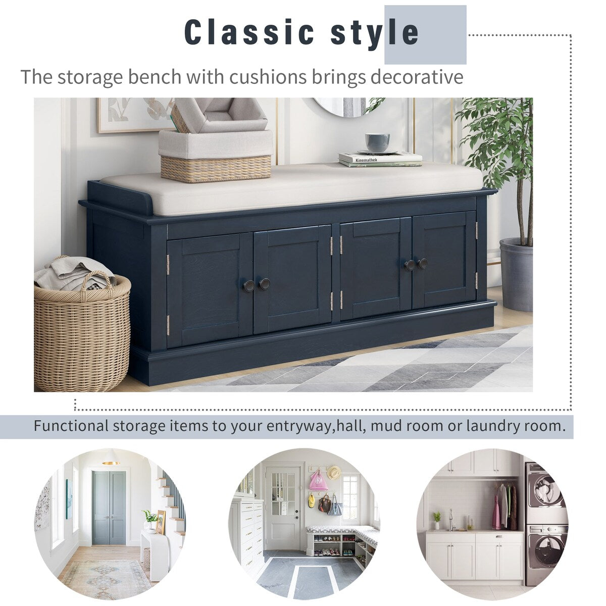 Storage Bench with 4 Doors and Adjustable Shelves