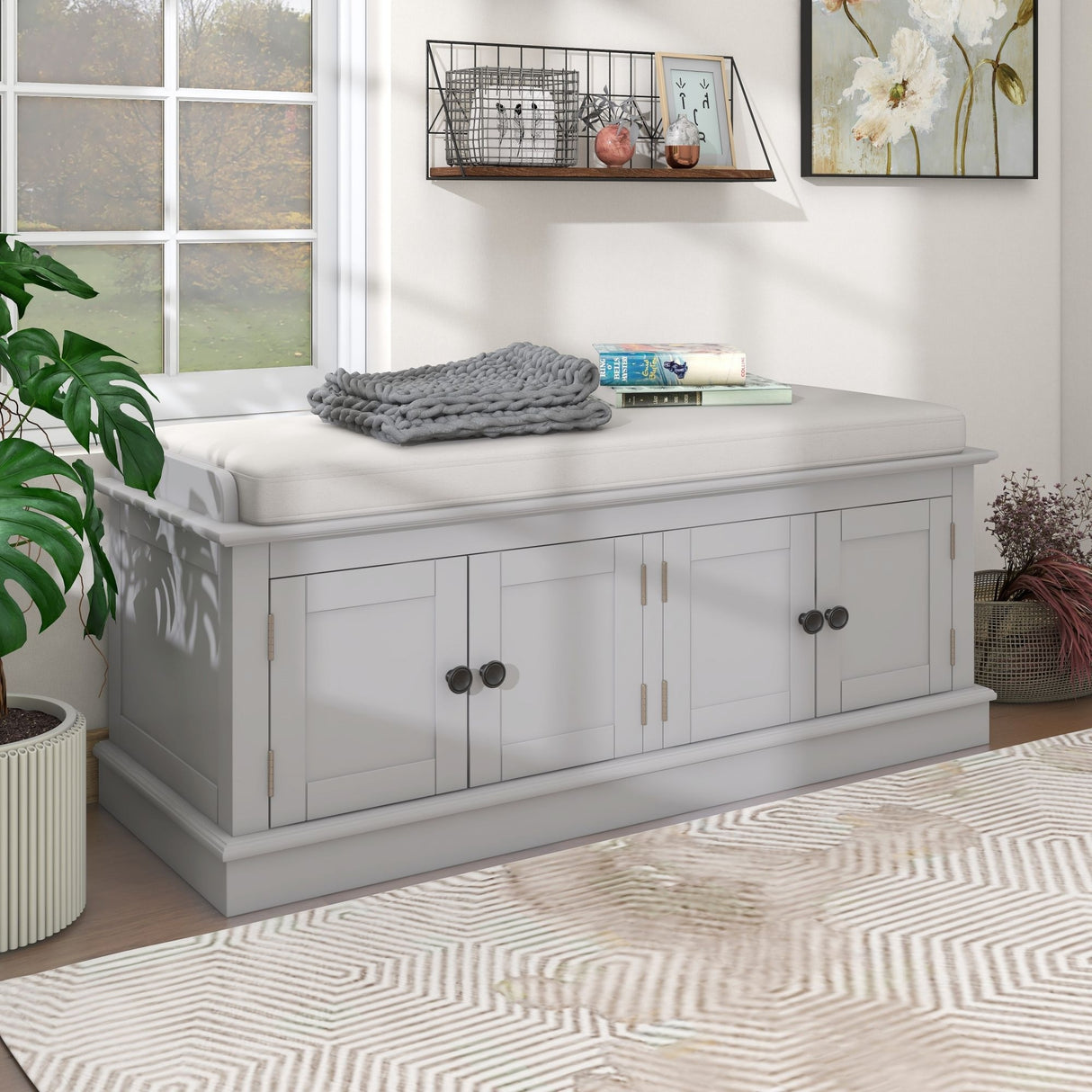 Storage Bench with 4 Doors and Adjustable Shelves, Shoe Bench with Removable Cushion