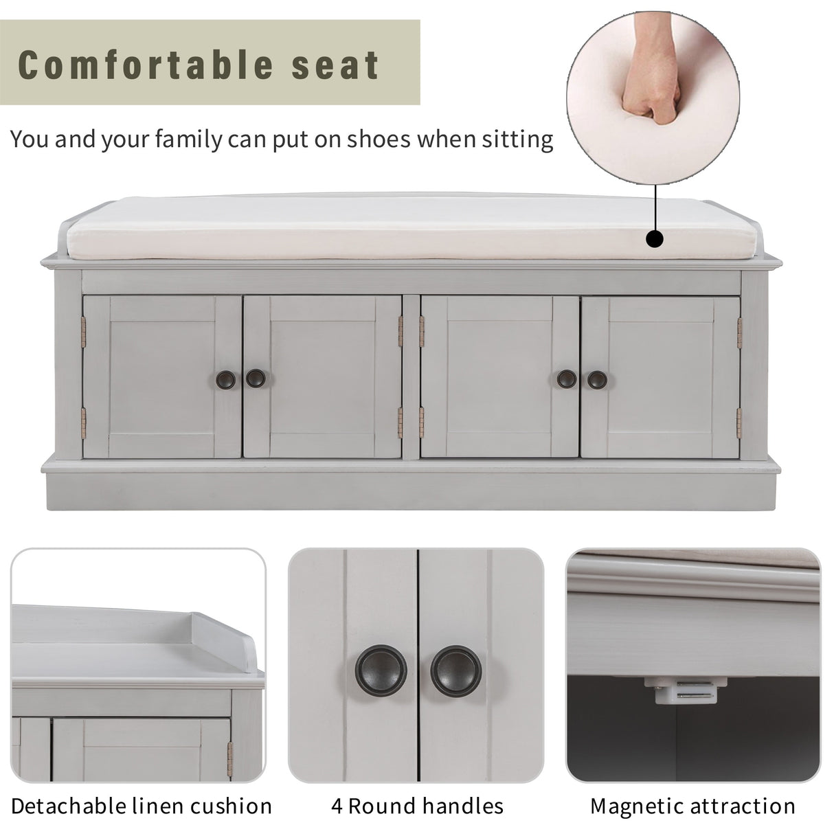 Storage Bench with 4 Doors and Adjustable Shelves, Shoe Bench with Removable Cushion
