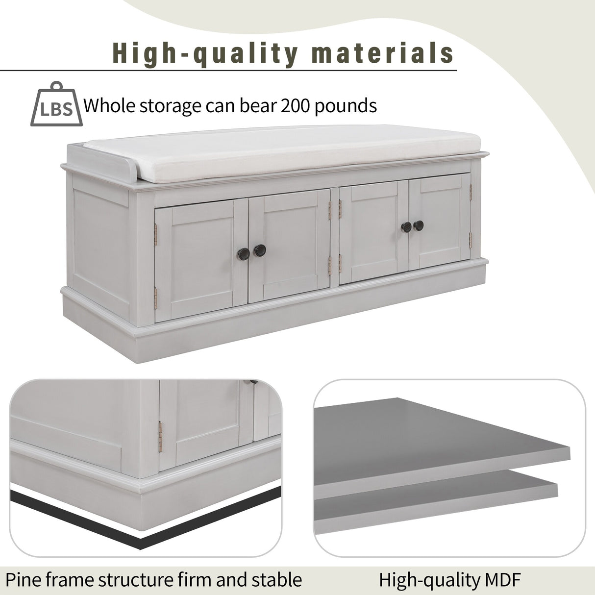 Storage Bench with 4 Doors and Adjustable Shelves, Shoe Bench with Removable Cushion