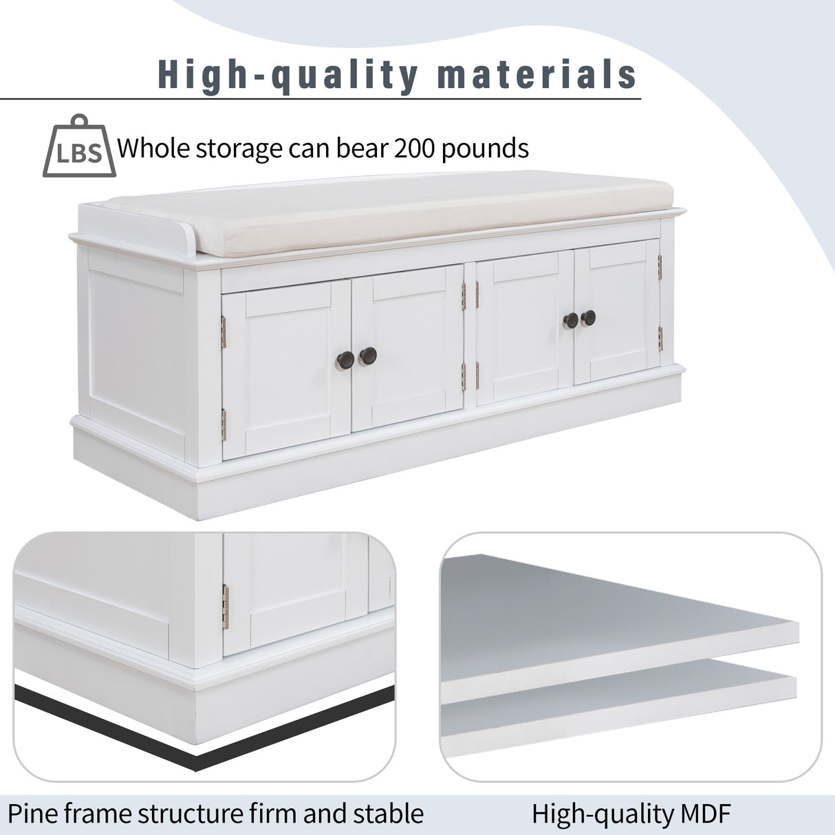 Storage Bench with 4 Doors and Adjustable Shelves, Shoe Bench with Removable Cushion
