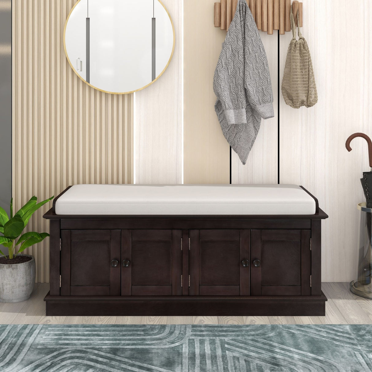 Storage Bench with 4 Doors and Adjustable Shelves, Shoe Bench with Removable Cushion