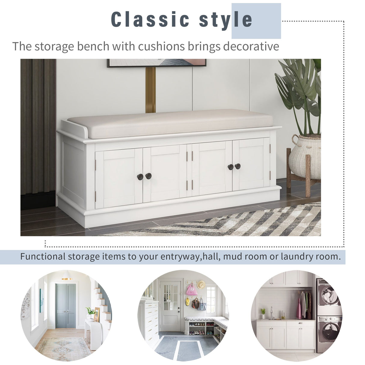 Storage Bench with 4 Doors and Adjustable Shelves, Shoe Bench with Removable Cushion