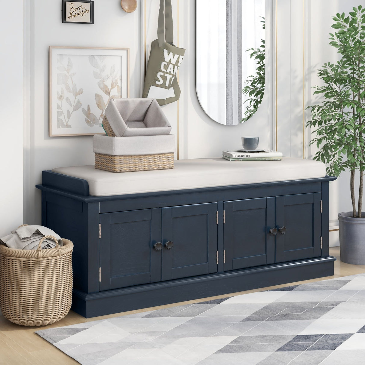 Storage Bench with 4 Doors and Adjustable Shelves, Shoe Bench with Removable Cushion