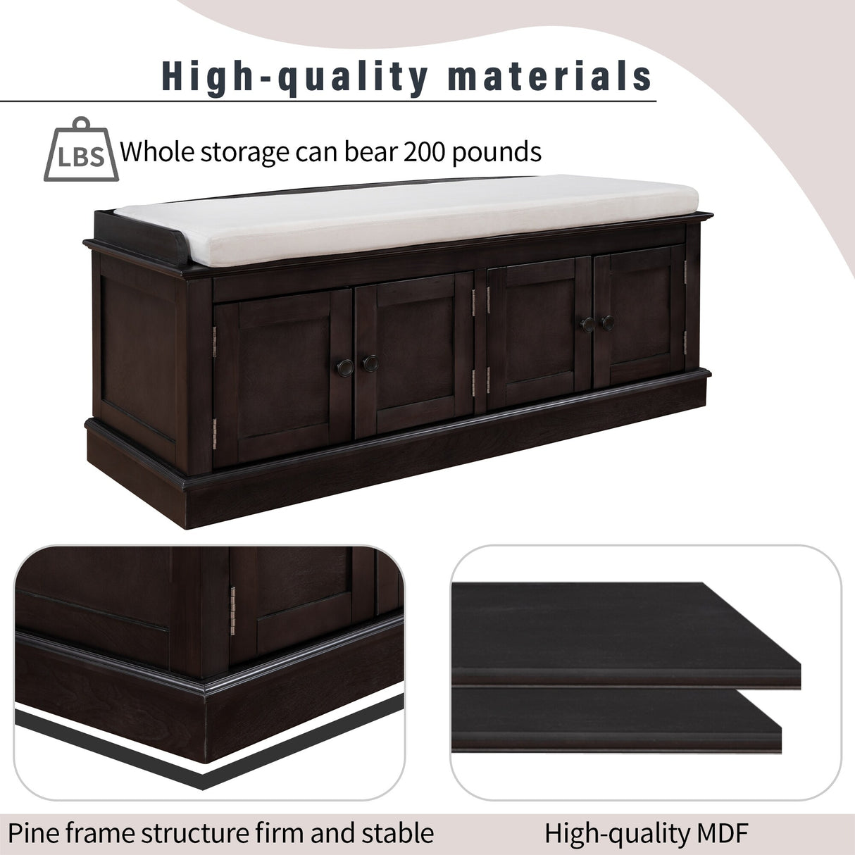 Storage Bench with 4 Doors and Adjustable Shelves, Shoe Bench with Removable Cushion