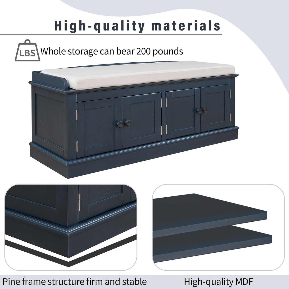 Storage Bench with 4 Doors and Adjustable Shelves, Shoe Bench with Removable Cushion