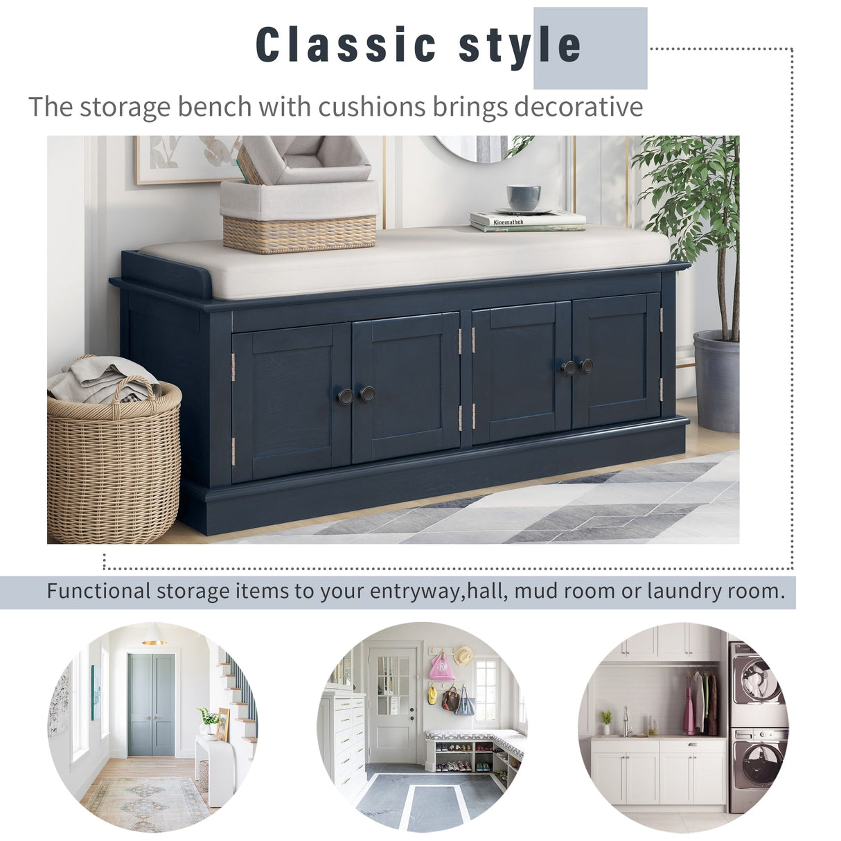 Storage Bench with 4 Doors and Adjustable Shelves, Shoe Bench with Removable Cushion