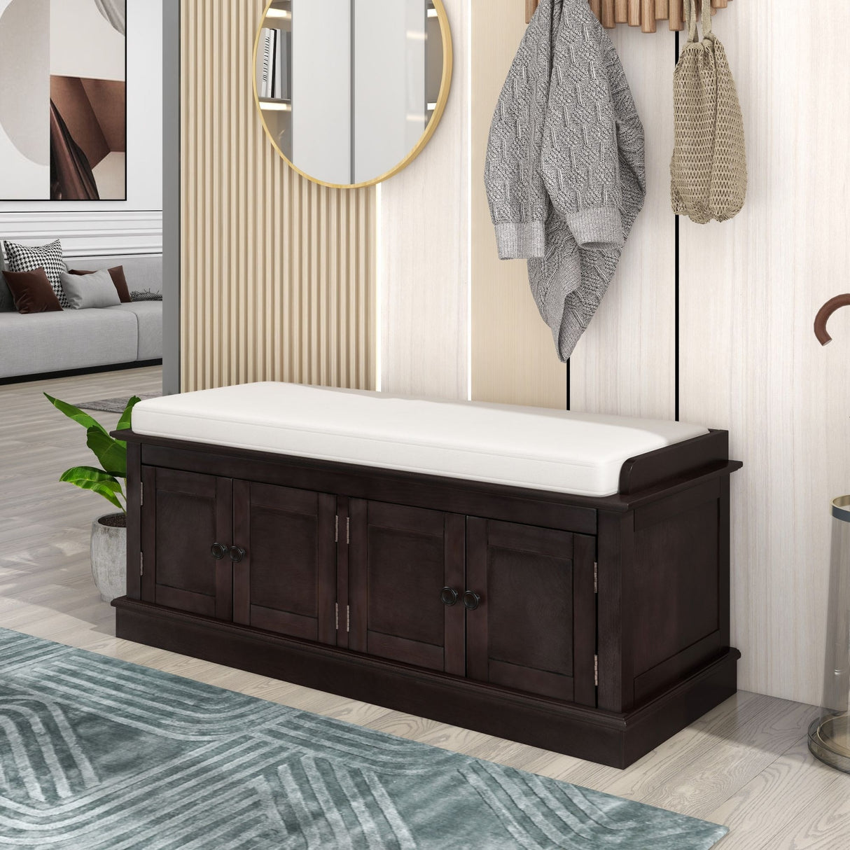 Storage Bench with 4 Doors and Adjustable Shelves, Shoe Bench with Removable Cushion