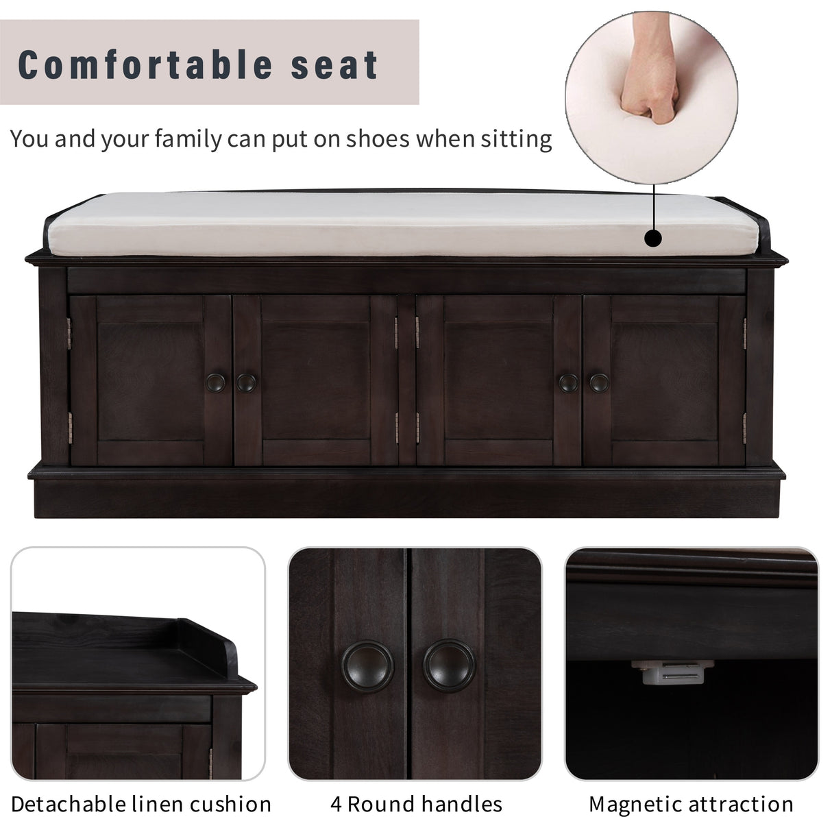 Storage Bench with 4 Doors and Adjustable Shelves, Shoe Bench with Removable Cushion