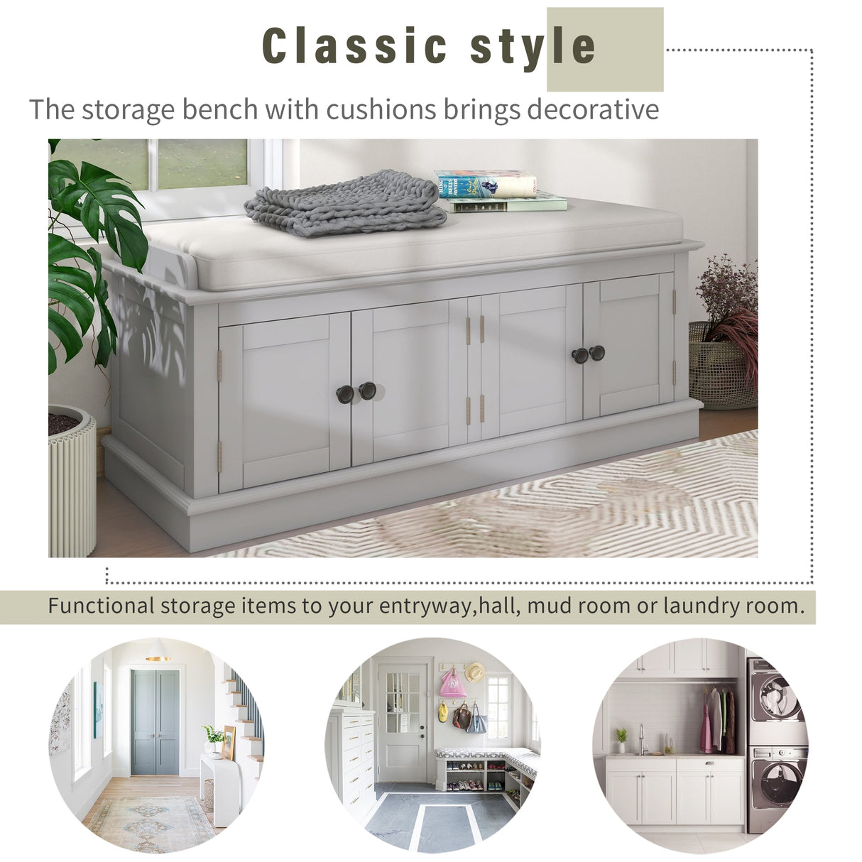 Storage Bench with 4 Doors and Adjustable Shelves, Shoe Bench with Removable Cushion