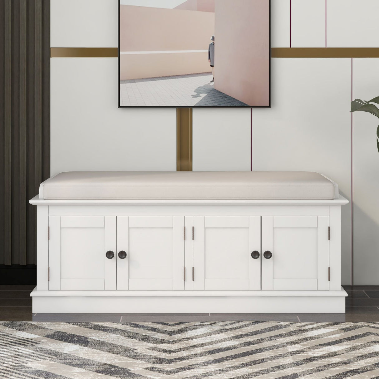 Storage Bench with 4 Doors and Adjustable Shelves, Shoe Bench with Removable Cushion