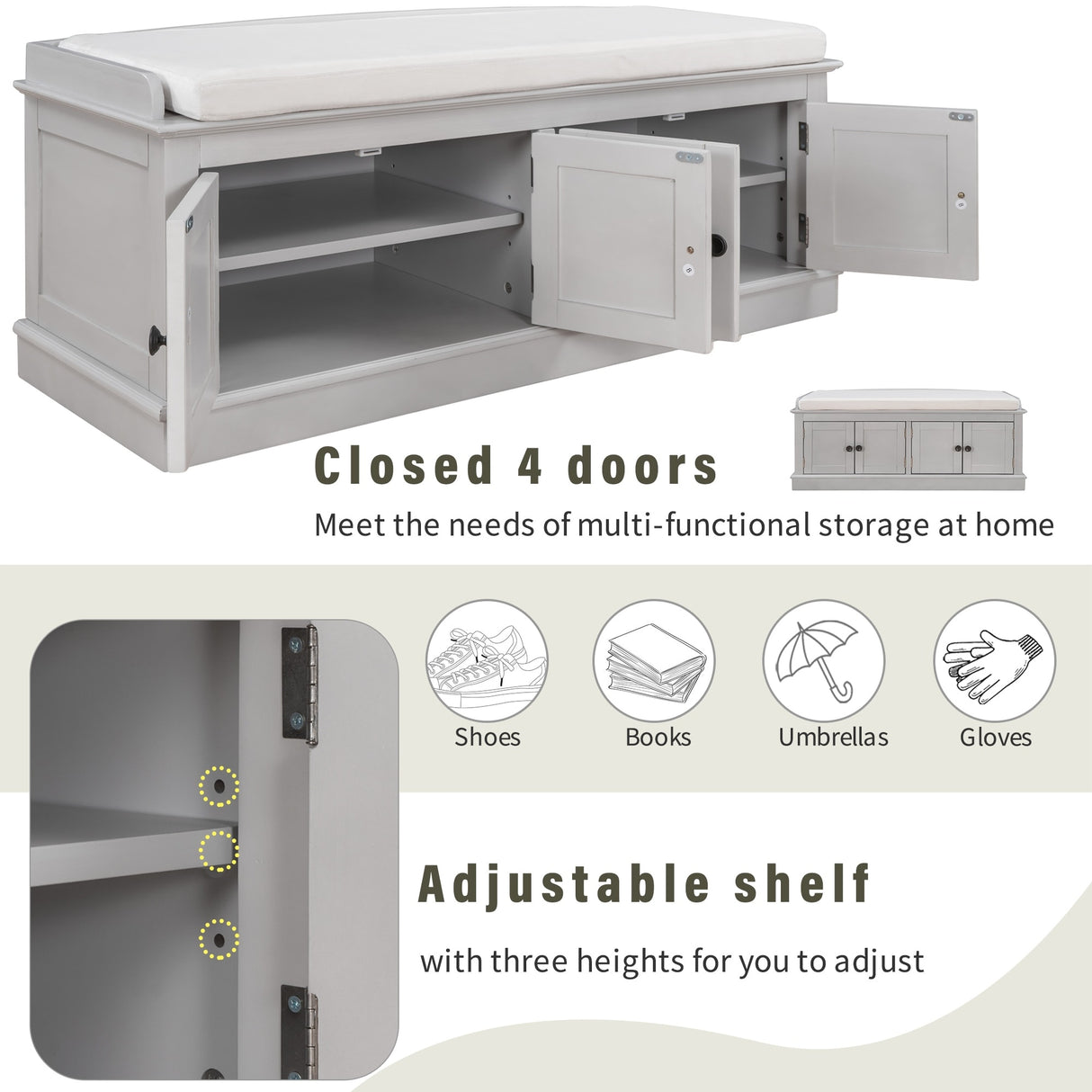 Storage Bench with 4 Doors and Adjustable Shelves, Shoe Bench with Removable Cushion