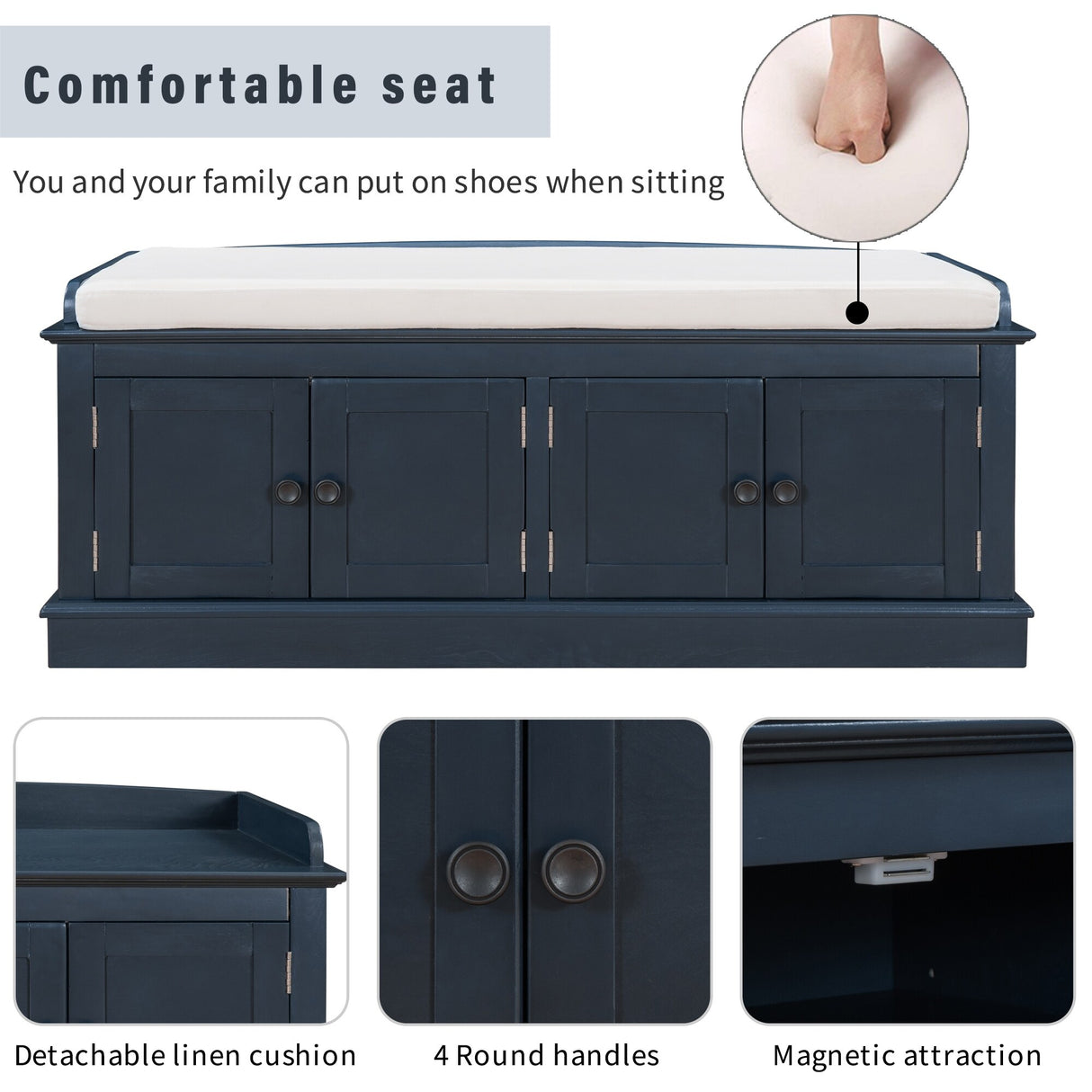 Storage Bench with 4 Doors and Adjustable Shelves, Shoe Bench with Removable Cushion