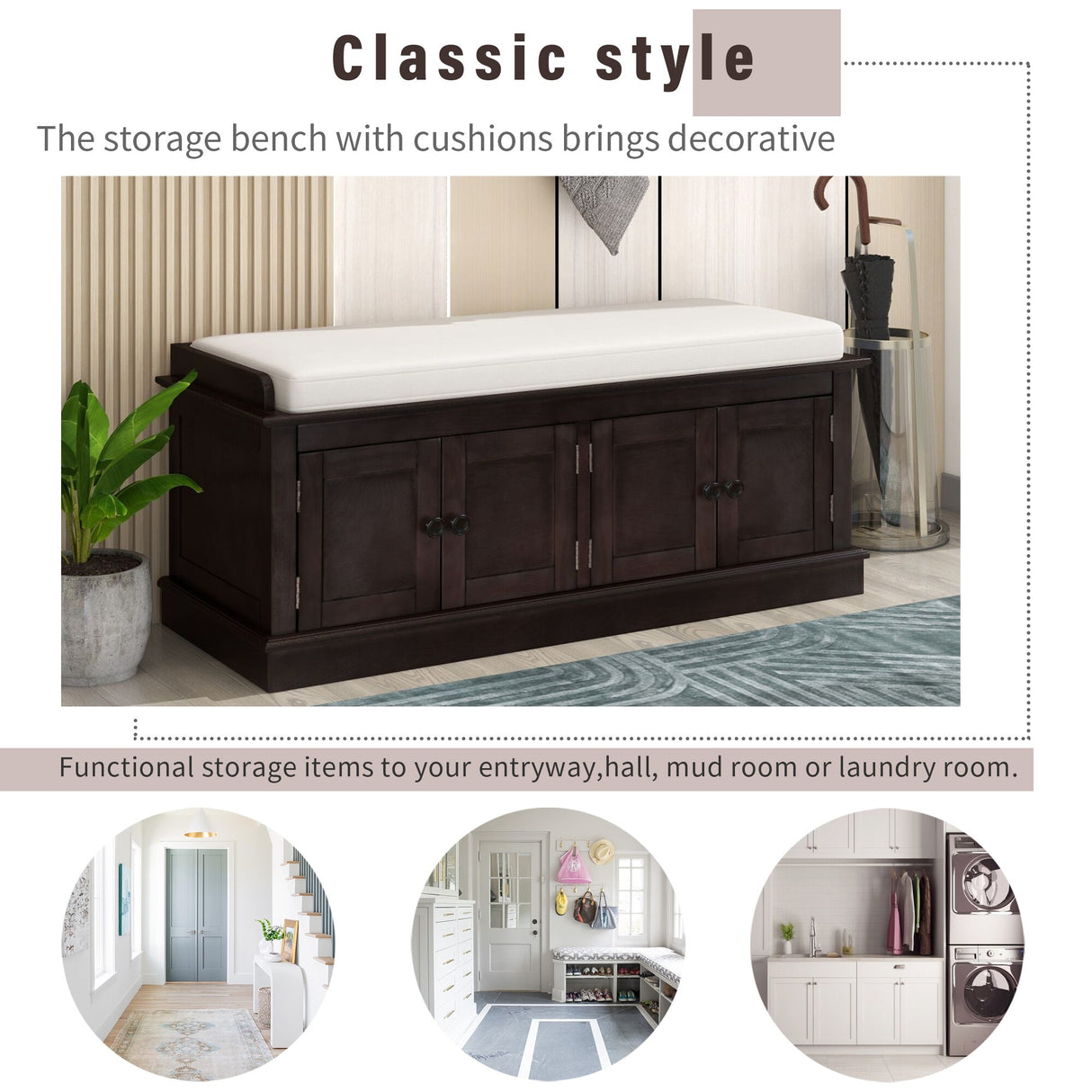 Storage Bench with 4 Doors and Adjustable Shelves, Shoe Bench with Removable Cushion