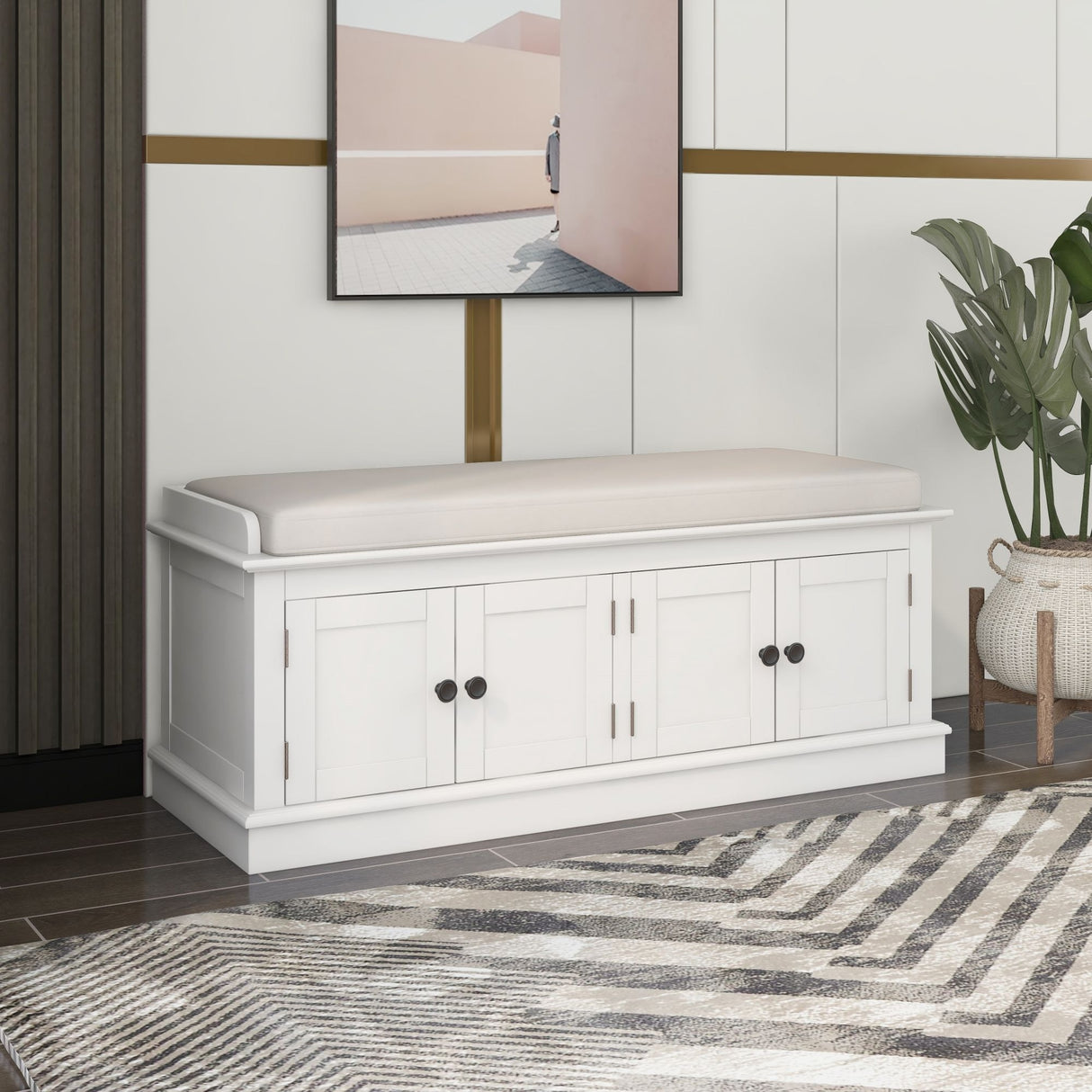 Storage Bench with 4 Doors and Adjustable Shelves, Shoe Bench with Removable Cushion