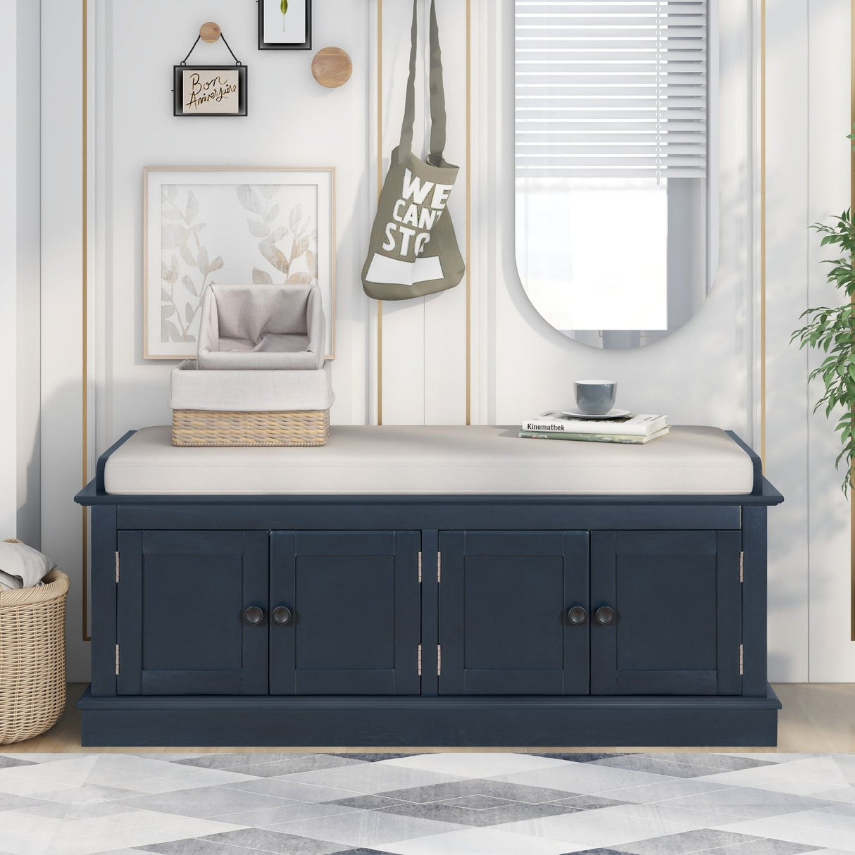 Storage Bench with 4 Doors and Adjustable Shelves, Shoe Bench with Removable Cushion