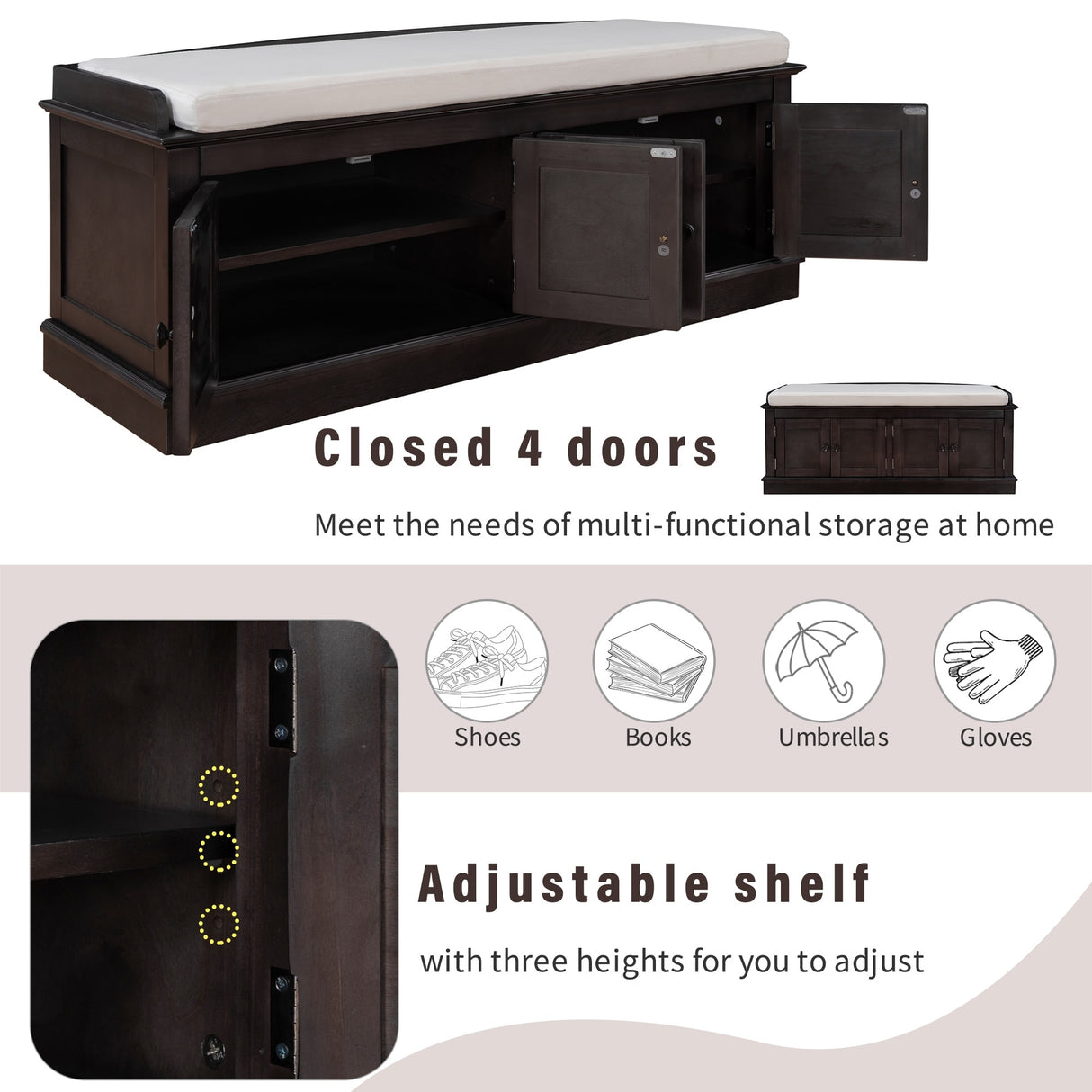 Storage Bench with 4 Doors and Adjustable Shelves, Shoe Bench with Removable Cushion