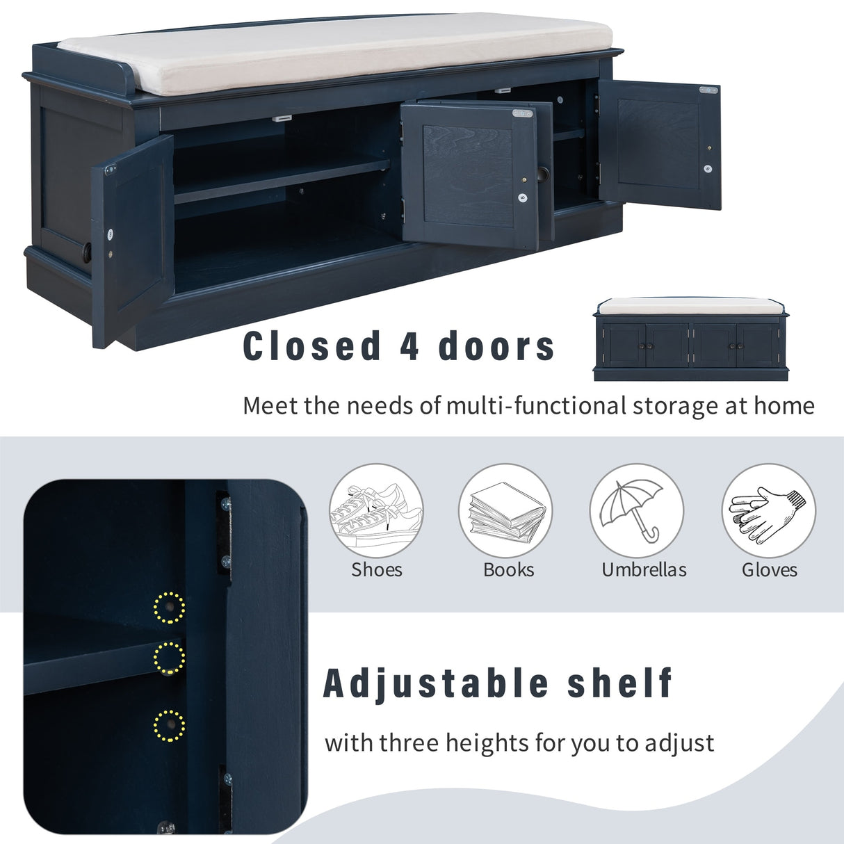 Storage Bench with 4 Doors and Adjustable Shelves, Shoe Bench with Removable Cushion