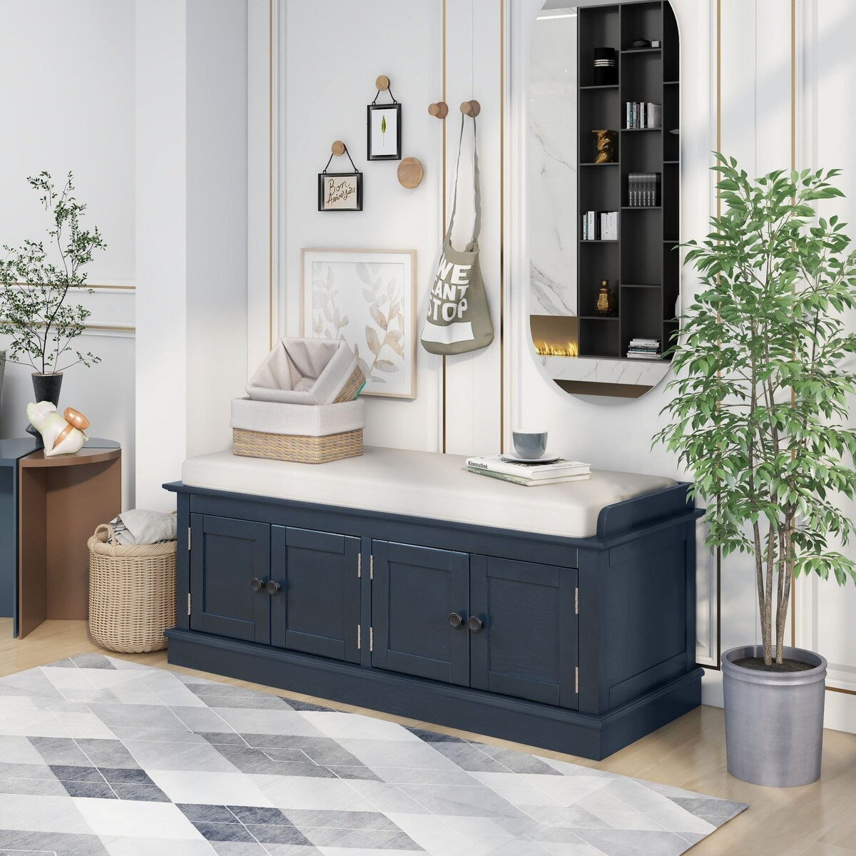 Storage Bench with 4 Doors and Adjustable Shelves