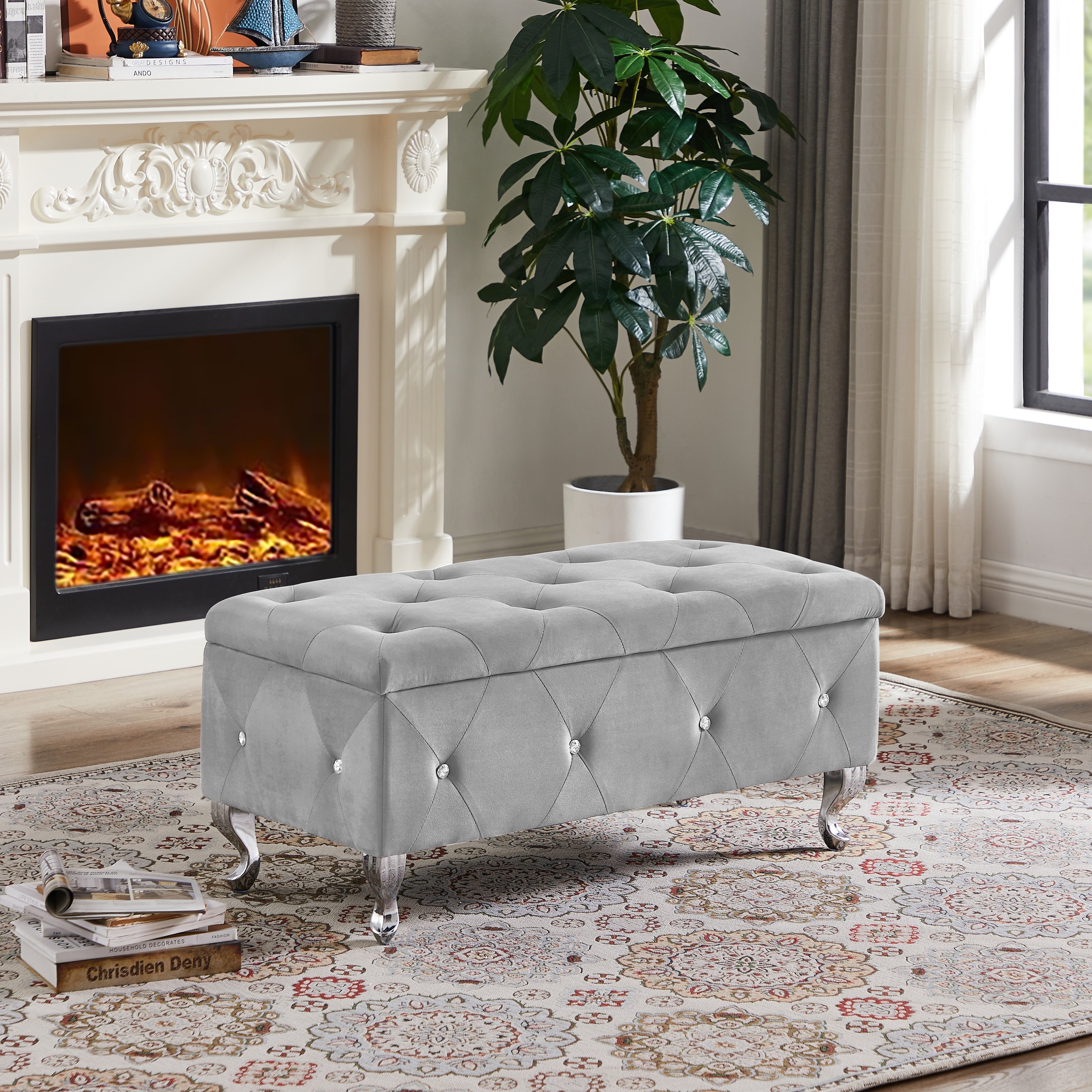 Upholstered Storage Bench Entryway Bench Ottoman with Storage Safety Hinges for Hallway Bedroom Living Room Grey