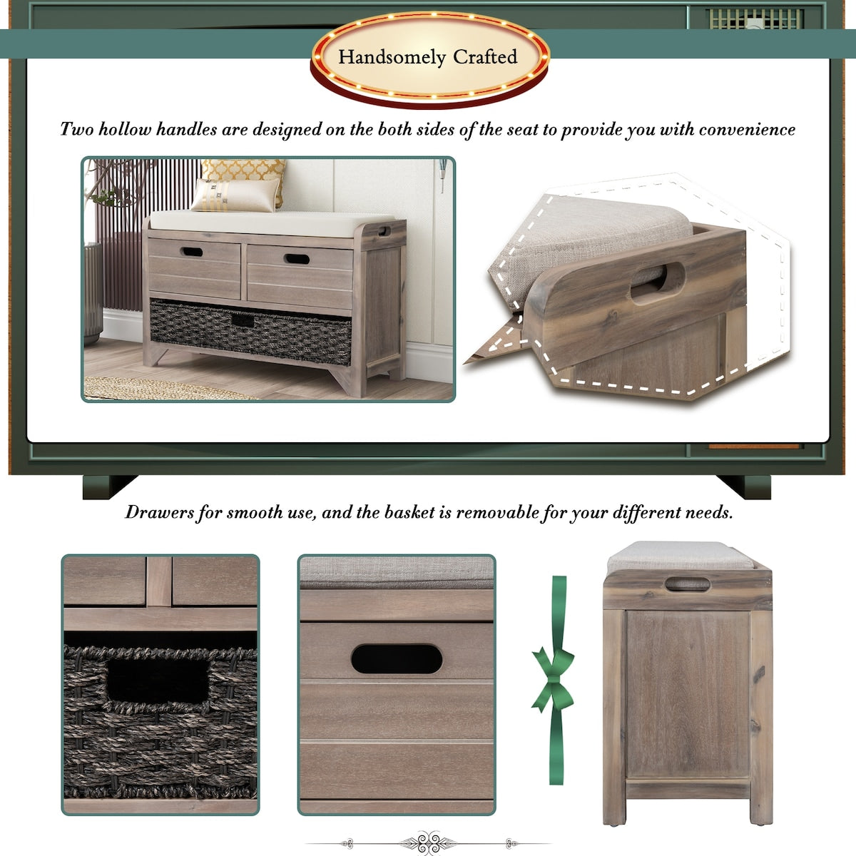 Storage Bench with Removable Basket and 2 Drawers, Fully Assembled Shoe Bench with Removable Cushion