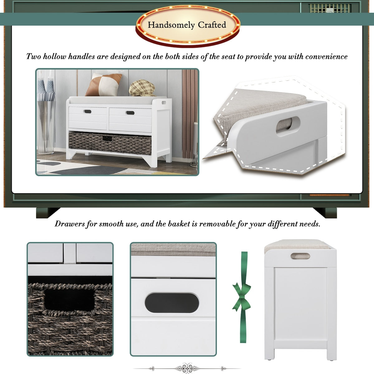 Storage Bench with Removable Basket and 2 Drawers, Fully Assembled Shoe Bench with Removable Cushion