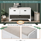 Storage Bench with Removable Basket and 2 Drawers, Fully Assembled Shoe Bench with Removable Cushion - 32" L x 11.8" W x 20" H