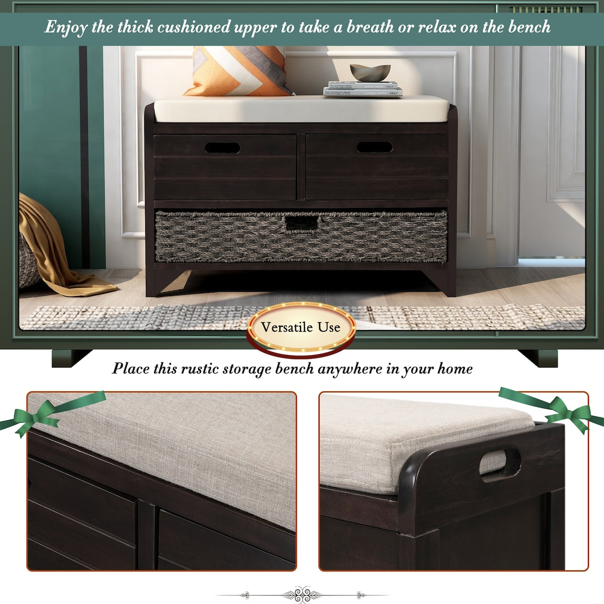 Storage Bench with Removable Basket and 2 Drawers, Fully Assembled Shoe Bench with Removable Cushion