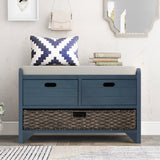 Storage Bench with Removable Basket and 2 Drawers, Fully Assembled Shoe Bench with Removable Cushion - 32" L x 11.8" W x 20" H