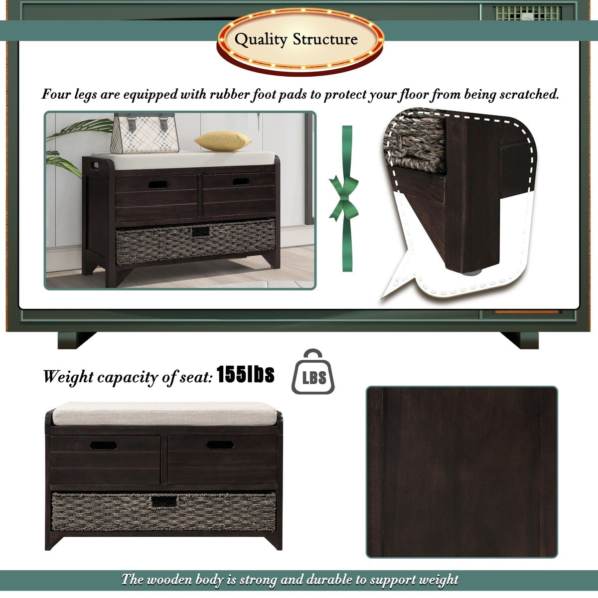Storage Bench with Removable Basket and 2 Drawers, Fully Assembled Shoe Bench with Removable Cushion