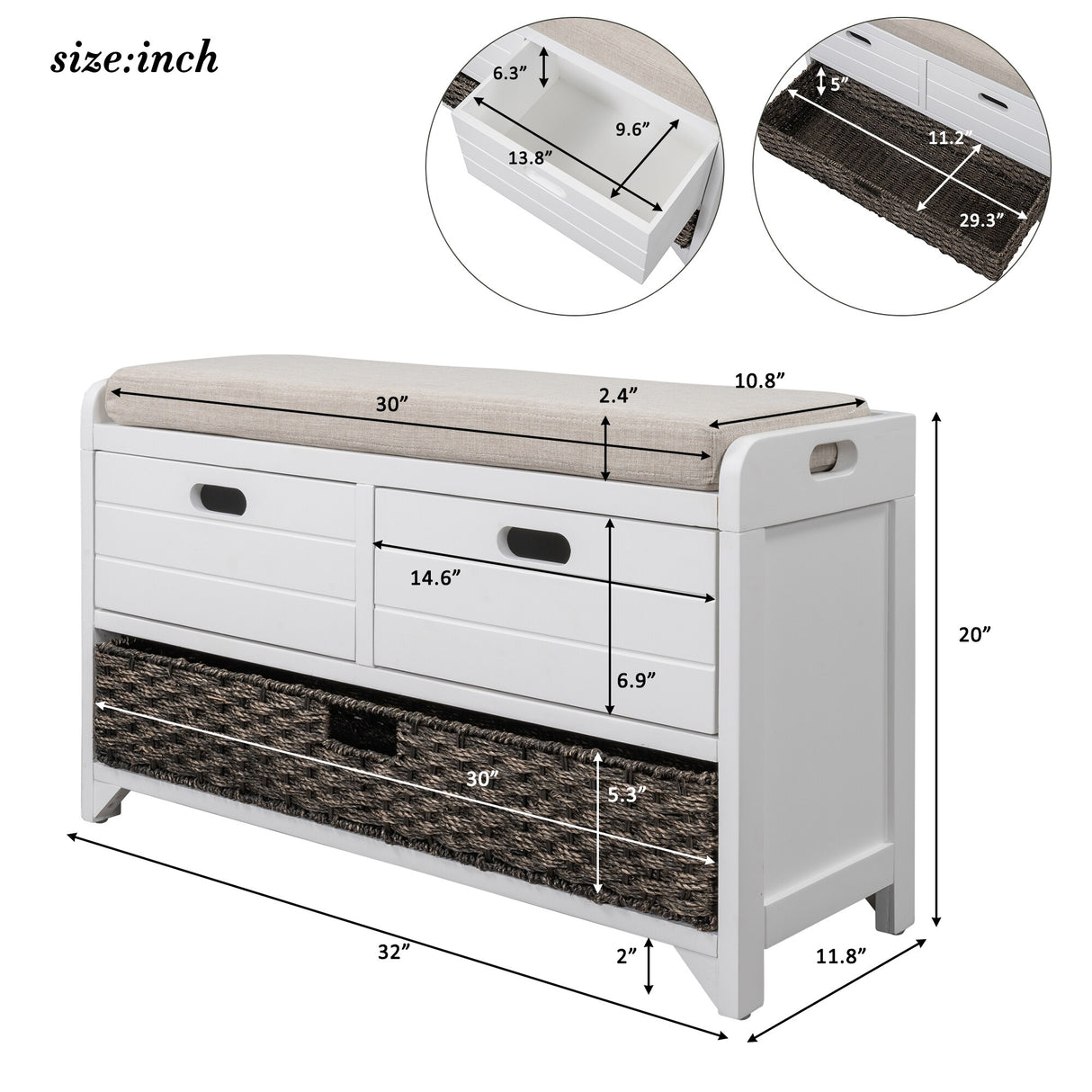 Storage Bench with Removable Basket and 2 Drawers, Fully Assembled Shoe Bench with Removable Cushion - 32" L x 11.8" W x 20" H