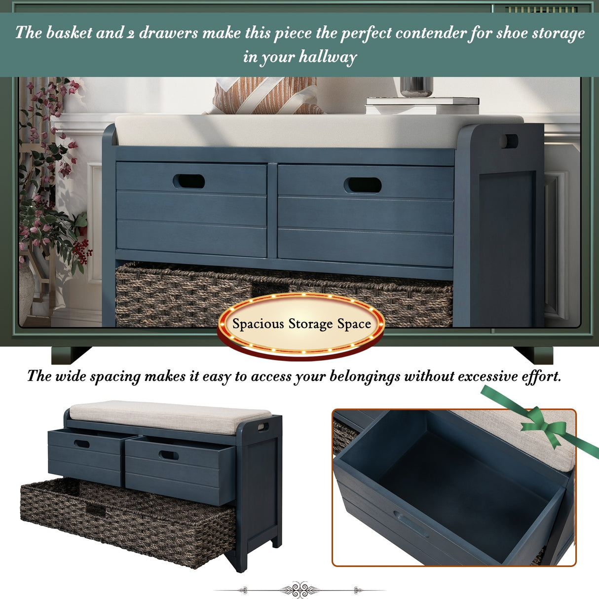 Storage Bench with Removable Basket and 2 Drawers, Fully Assembled Shoe Bench with Removable Cushion - 32" L x 11.8" W x 20" H