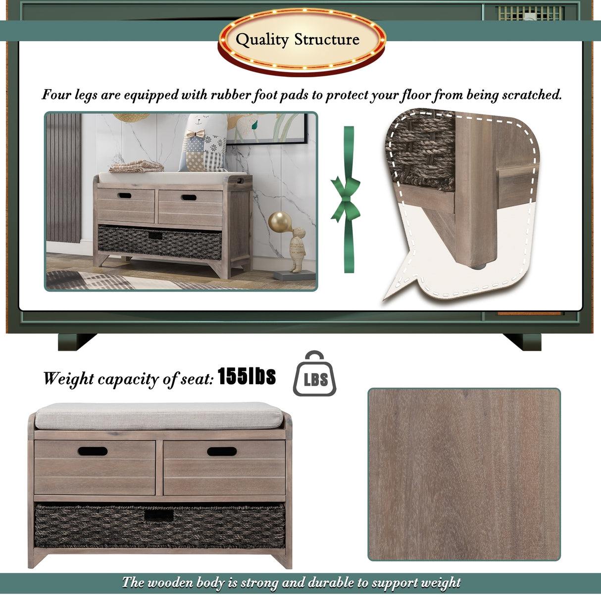 Storage Bench with Removable Basket and 2 Drawers, Fully Assembled Shoe Bench with Removable Cushion - 32" L x 11.8" W x 20" H