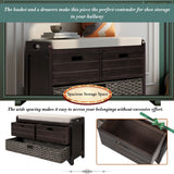 Storage Bench with Removable Basket and 2 Drawers, Fully Assembled Shoe Bench with Removable Cushion - 32" L x 11.8" W x 20" H