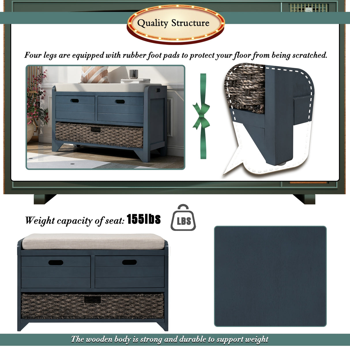 Storage Bench with Removable Basket and 2 Drawers, Fully Assembled Shoe Bench with Removable Cushion - 32" L x 11.8" W x 20" H