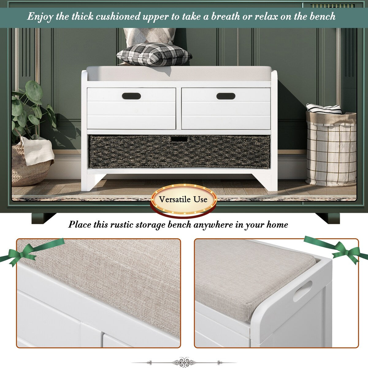 Storage Bench with Removable Basket and 2 Drawers, Fully Assembled Shoe Bench with Removable Cushion