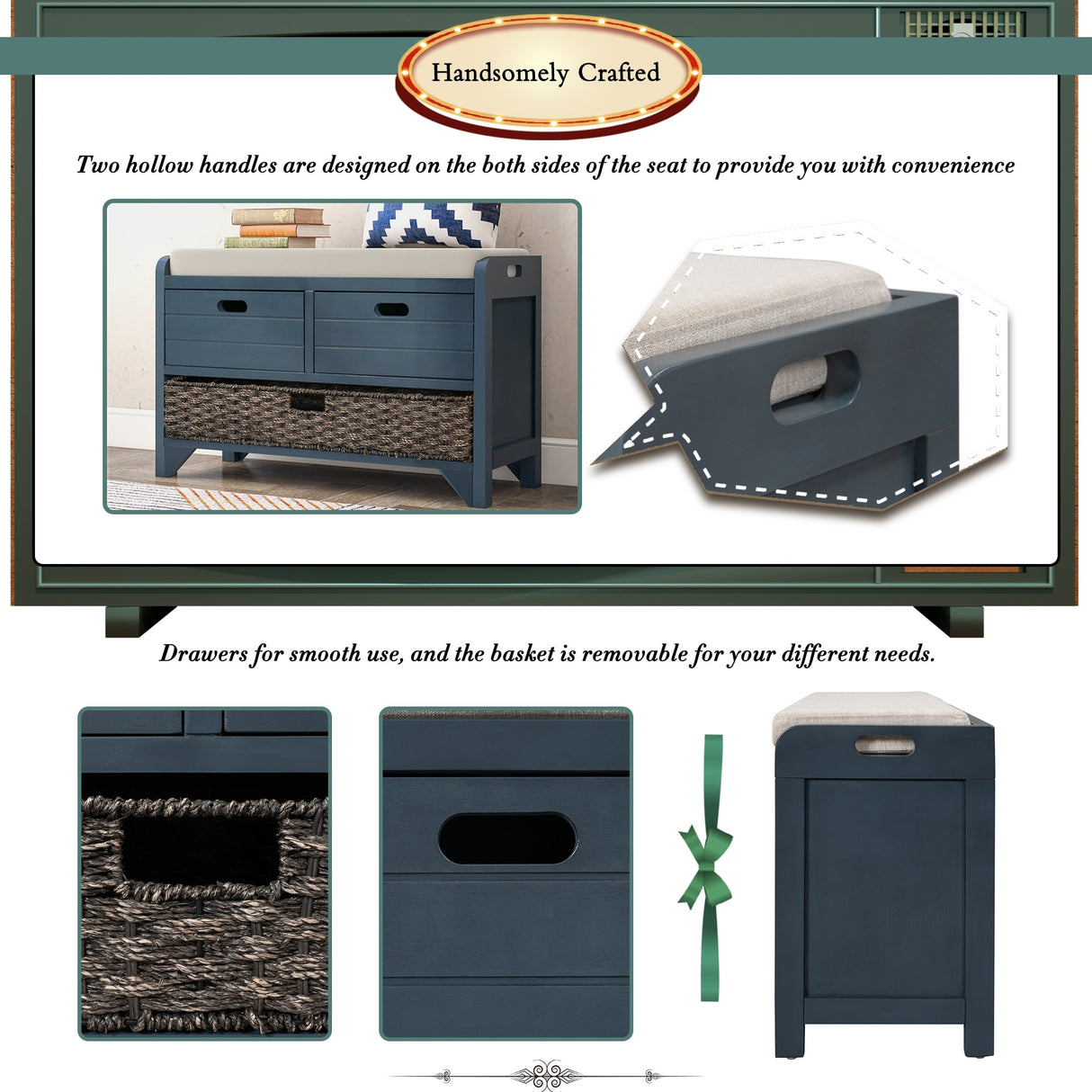 Storage Bench with Removable Basket and 2 Drawers, Fully Assembled Shoe Bench with Removable Cushion - 32" L x 11.8" W x 20" H