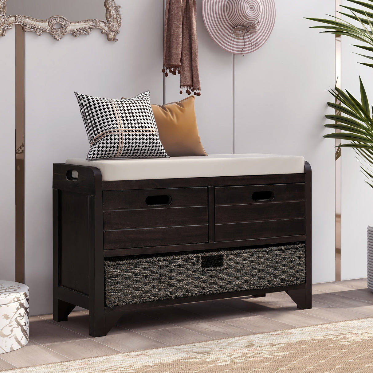 Storage Bench with Removable Basket and 2 Drawers, Fully Assembled Shoe Bench with Removable Cushion - 32" L x 11.8" W x 20" H