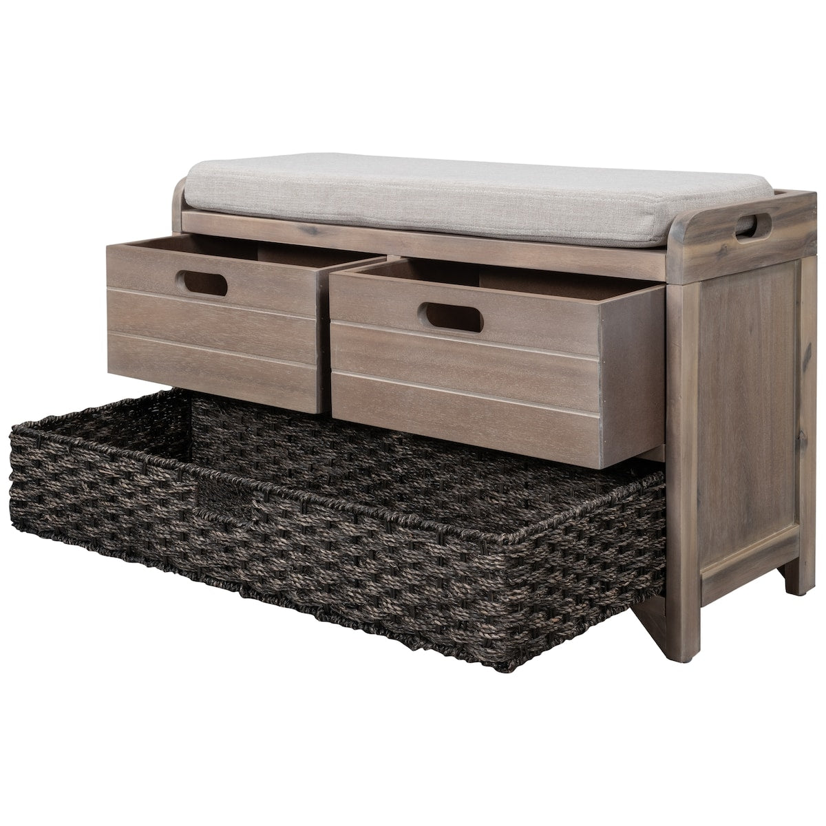 Storage Bench with Removable Basket and 2 Drawers, Fully Assembled Shoe Bench with Removable Cushion