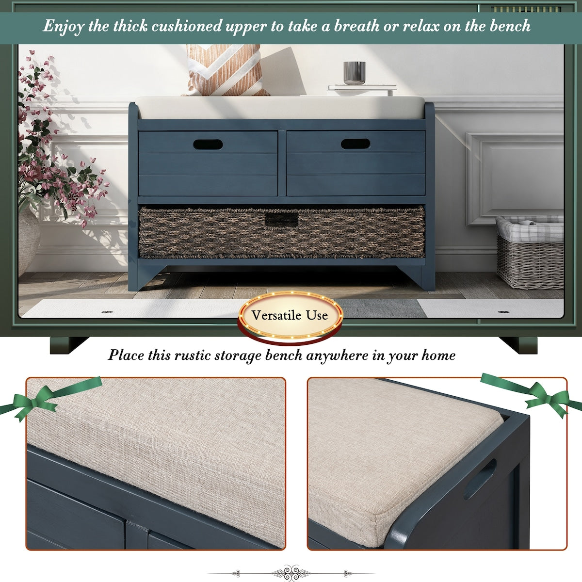 Storage Bench with Removable Basket and 2 Drawers, Fully Assembled Shoe Bench with Removable Cushion