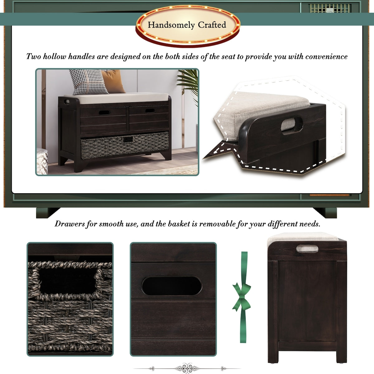 Storage Bench with Removable Basket and 2 Drawers, Fully Assembled Shoe Bench with Removable Cushion