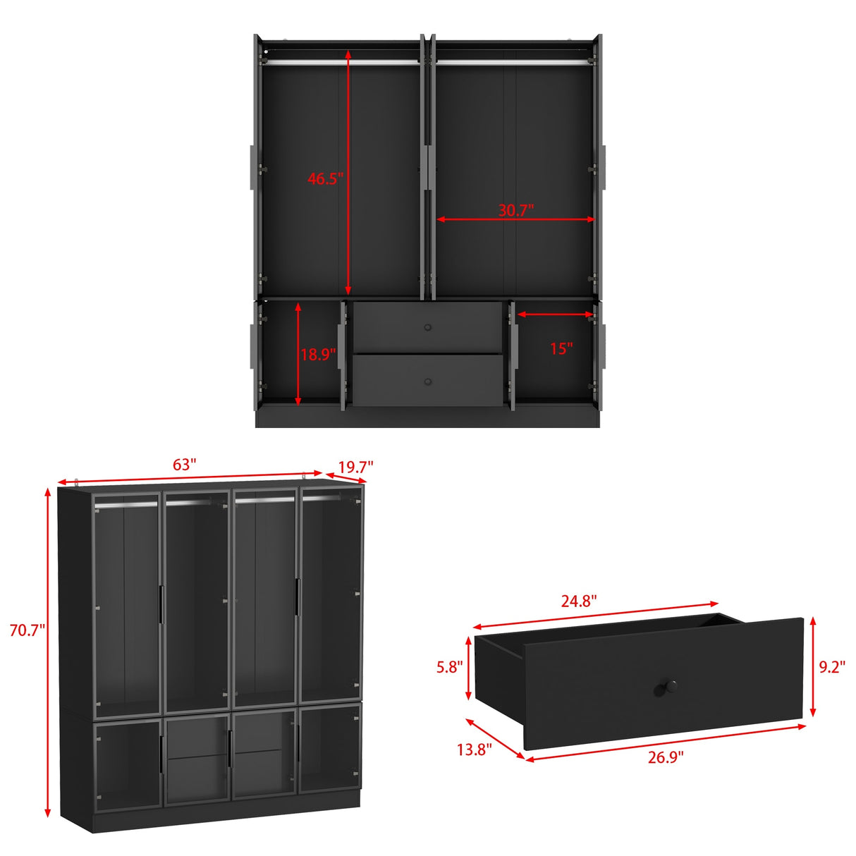 Storage Black Modular Wardrobe with Stylish Aluminum Accents Armoires