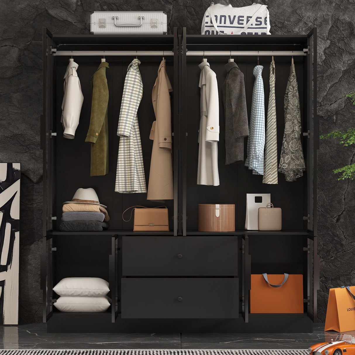 Storage Black Modular Wardrobe with Stylish Aluminum Accents Armoires