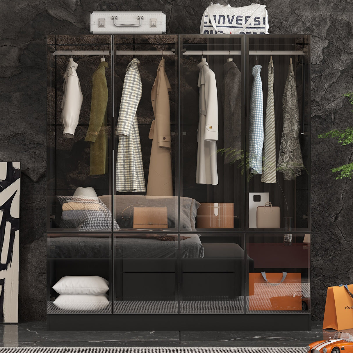 Storage Black Modular Wardrobe with Stylish Aluminum Accents Armoires