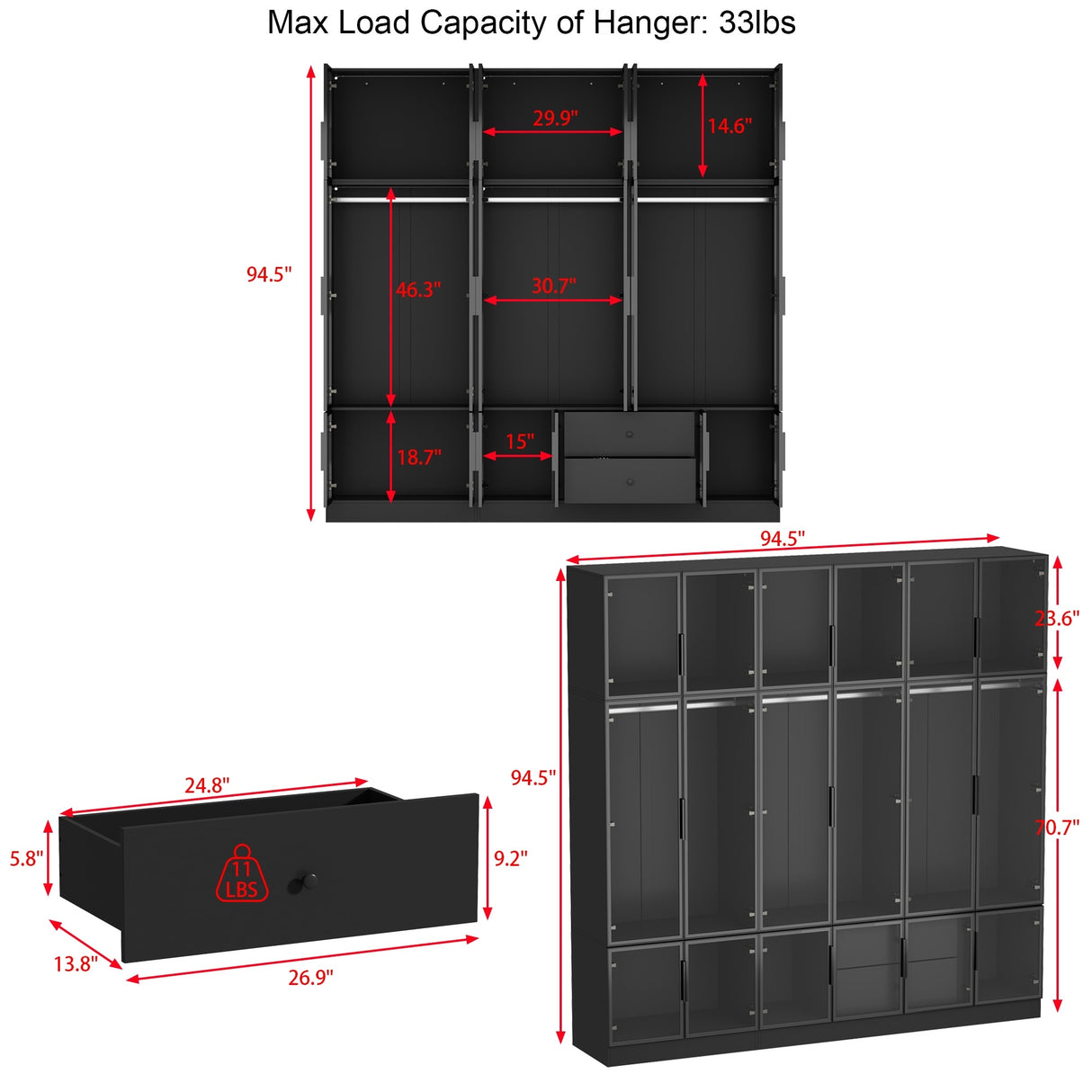 Storage Black Modular Wardrobe with Stylish Aluminum Accents Armoires