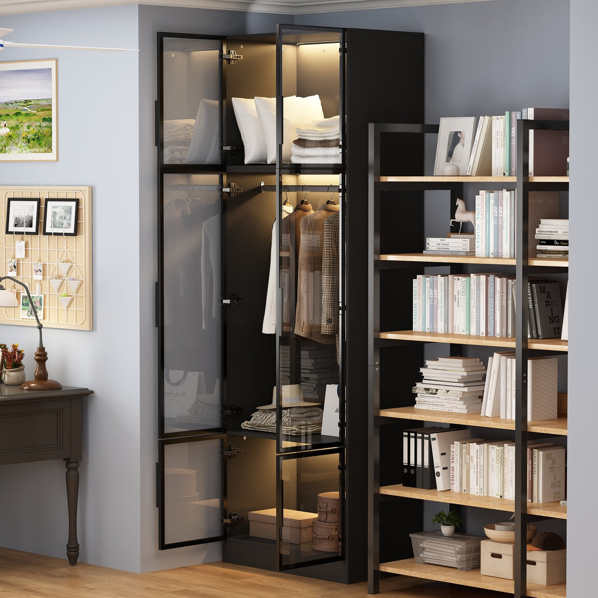 Storage Black Modular Wardrobe with Stylish Aluminum Accents Armoires