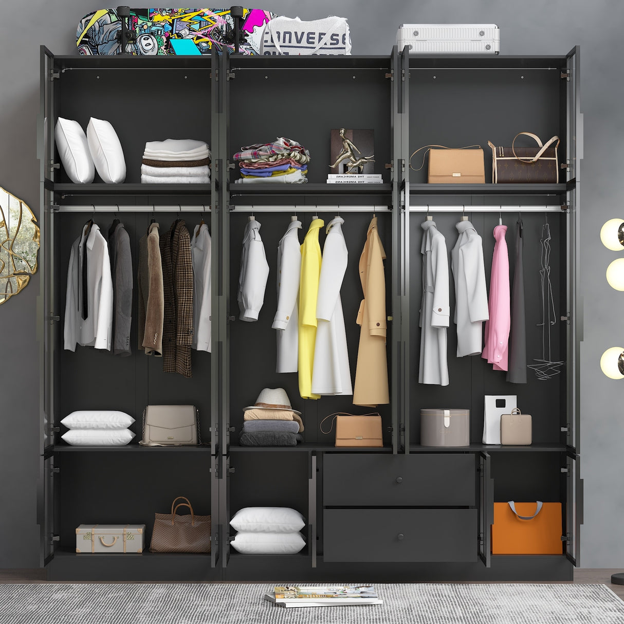 Storage Black Modular Wardrobe with Stylish Aluminum Accents Armoires