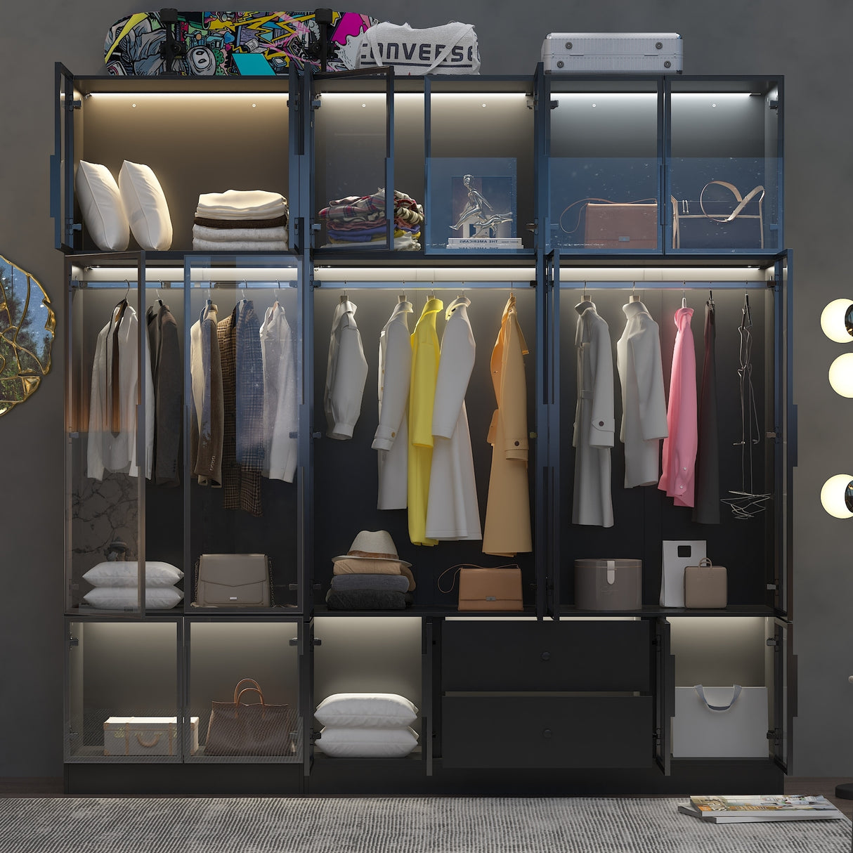 Storage Black Modular Wardrobe with Stylish Aluminum Accents Armoires