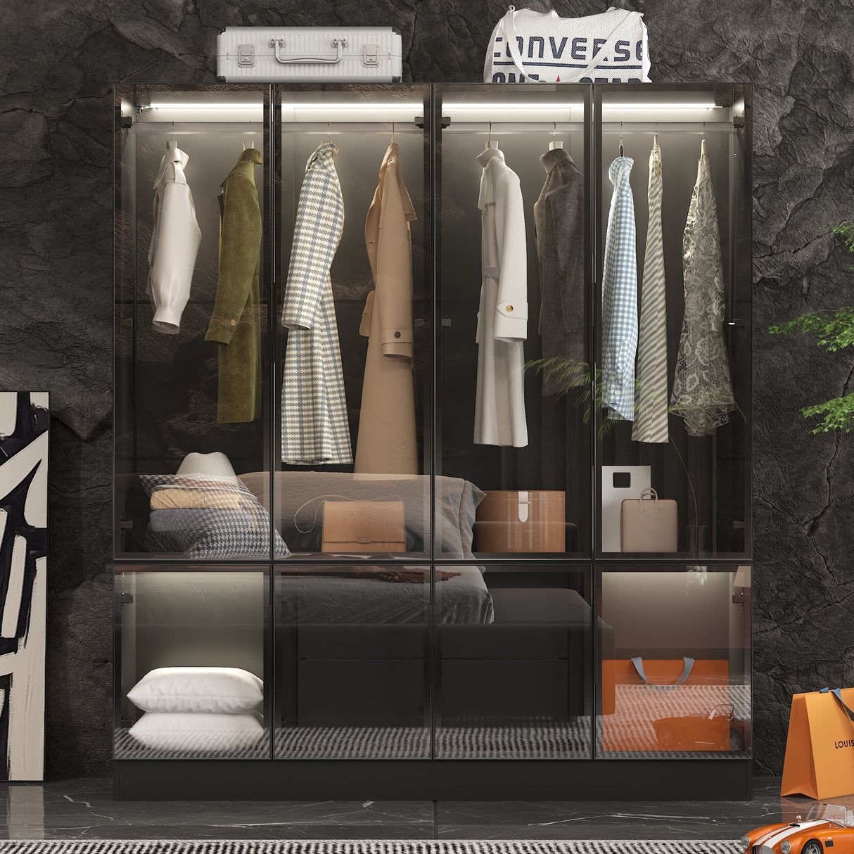 Storage Black Modular Wardrobe with Stylish Aluminum Accents Armoires